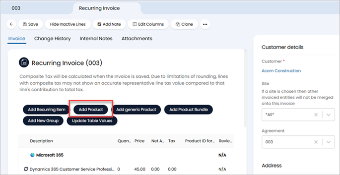 Screenshot of the HaloPSA Recurring Invoices page