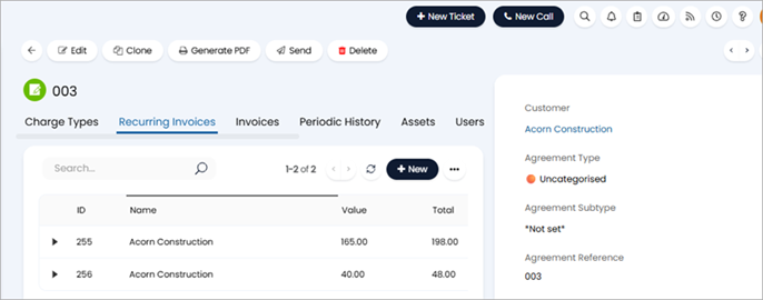 Screenshot of the HaloPSA Recurring Invoices tab