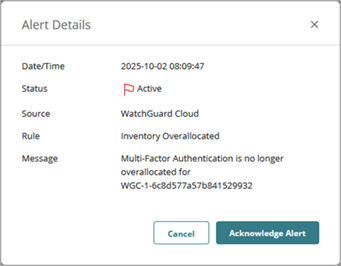 Screen shot of a WatchGuard Cloud notification alert about account no longer overallocated