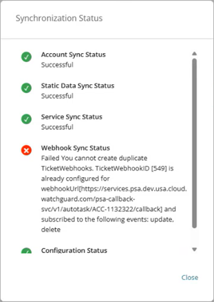 Screen shot of the PSA synchronization error dialog box