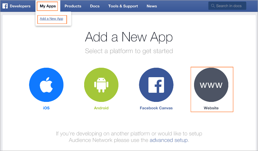 Screen shot of the Facebook developers Add a new App page