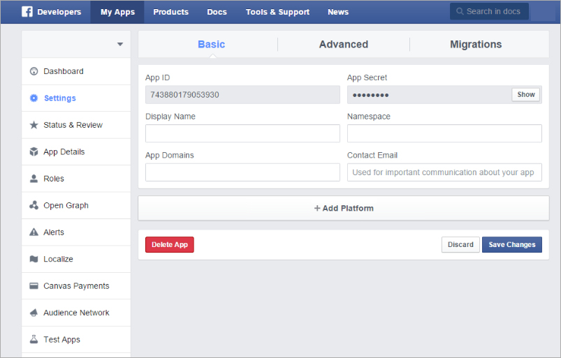Screen shot of the Facebook app add platform page