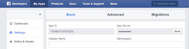 Screen shot of the App ID and App Secret details in the Facebook plug-in app