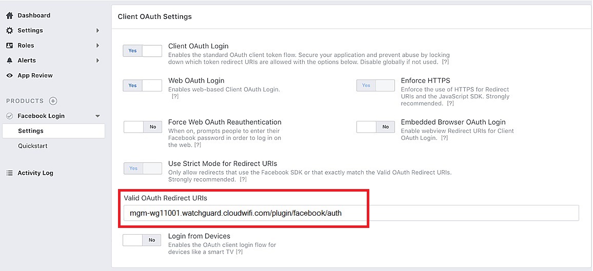 Screen shot of the client OAuth settings in the Facebook app configuration