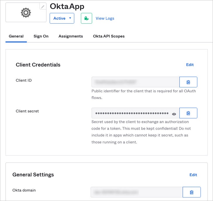 Screen shot of the Okta app properties page