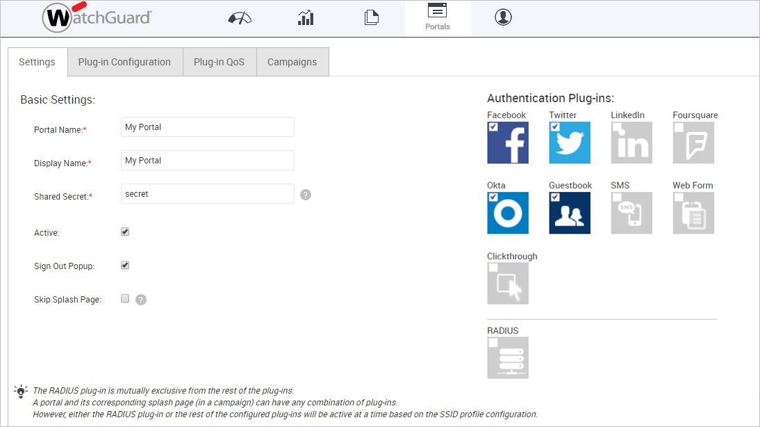 Screen shot of the portal configuration page with the RADIUS plugin enabled