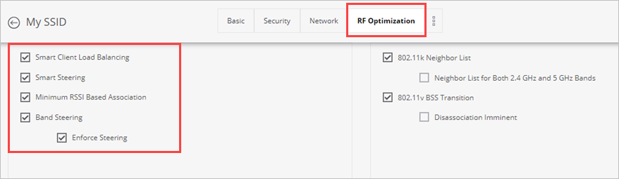 Screen shot of the RF Optimzation and Steering options in an SSID Profile