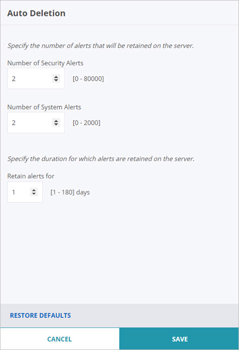 Screen shot of the Auto Deletion settings for alerts in Discover