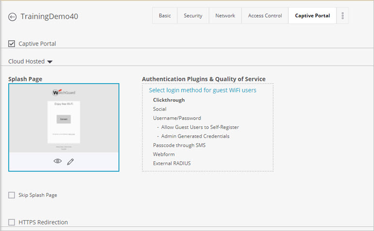 Screen shot of the Cloud Hosted Captive Portal settings in Discover
