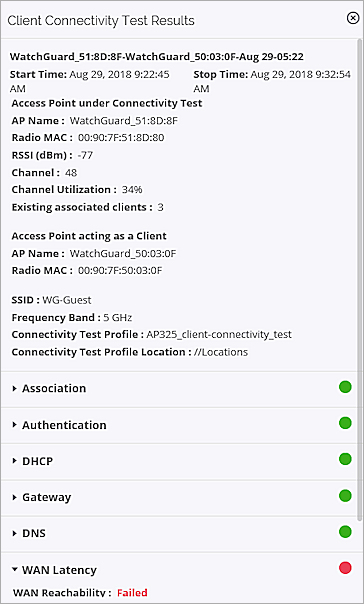 Screen shot of the Client Connectivity Test results details