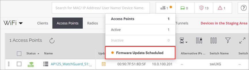 Screen shot of the firmware update scheduled notification in the AP counter