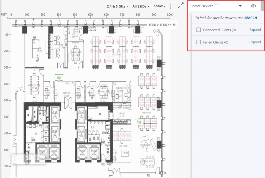 Screen shot of a Floor Plan with the Locate features highlighted