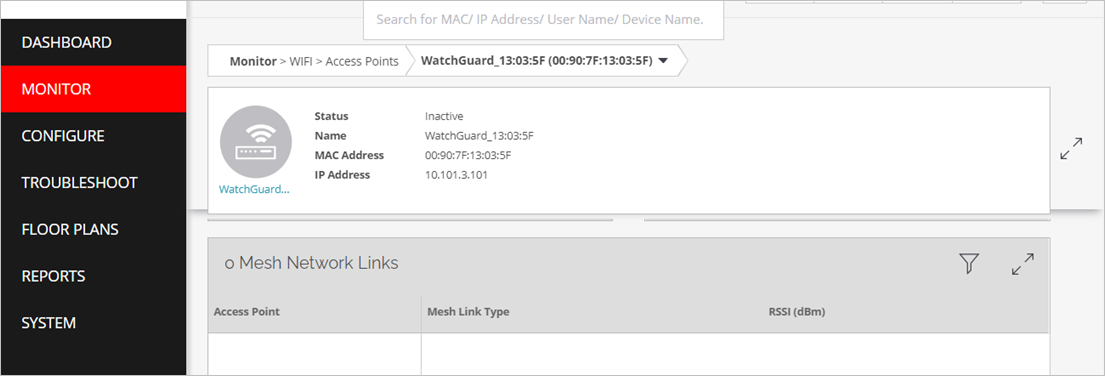 Screen shot of the Mesh Network Links widget in the AP properties in Discover