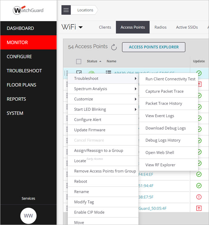Screen shot of the AP actions available from the Monitor > WiFi > Access Points page