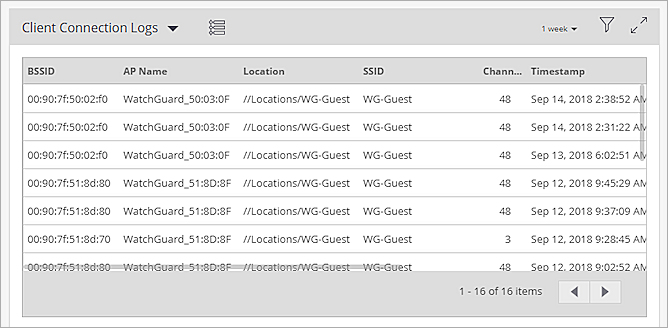 Screen shot of the Client Connection Logs grid view