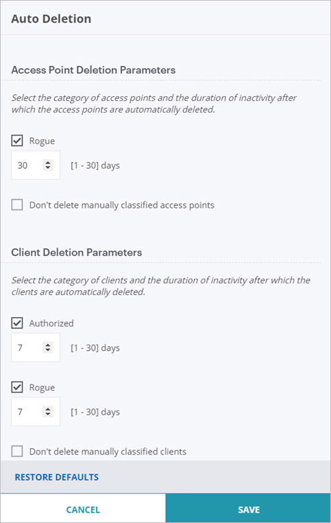Screen shot of the Auto Deletion settings for the Monitor > WIPS > Access Points page in Discover