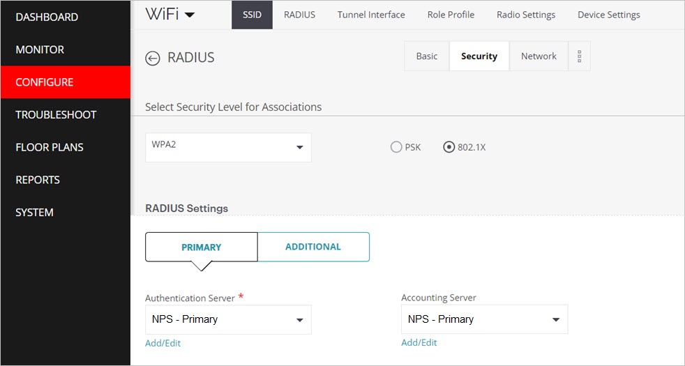 Screen shot of the RADIUS server configuration in an SSID Profile in Discover