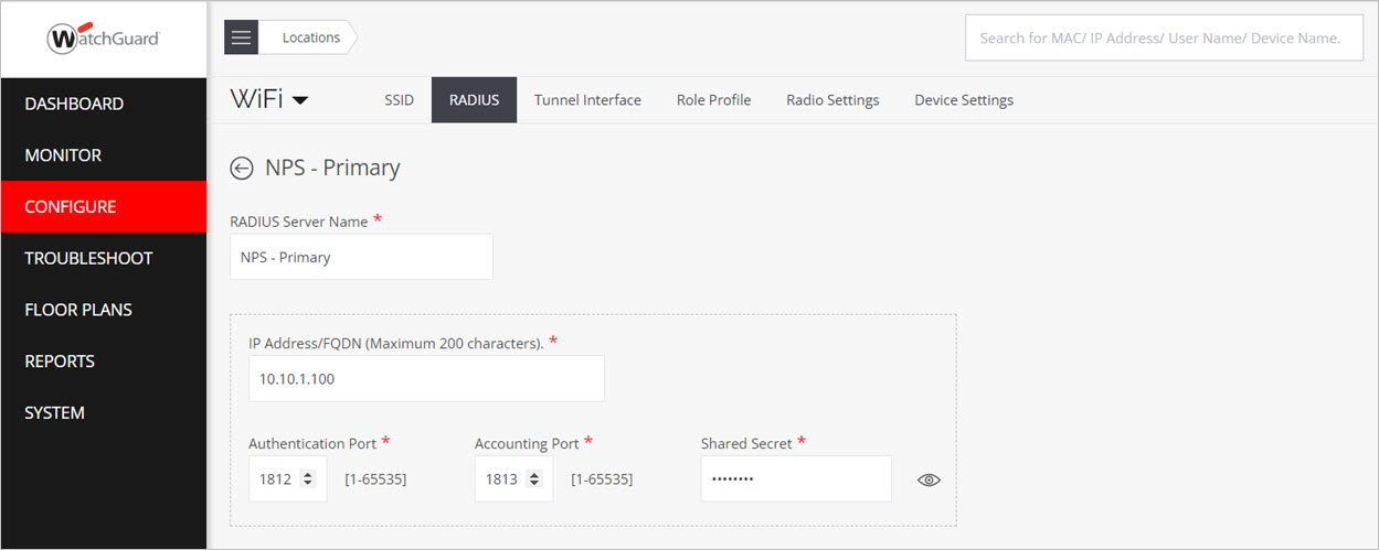 Screen shot of the Add RADIUS Server page in Discover
