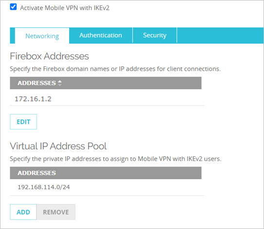 Screen shot of the Mobile VPN with IKEv2 configuration on a Firebox