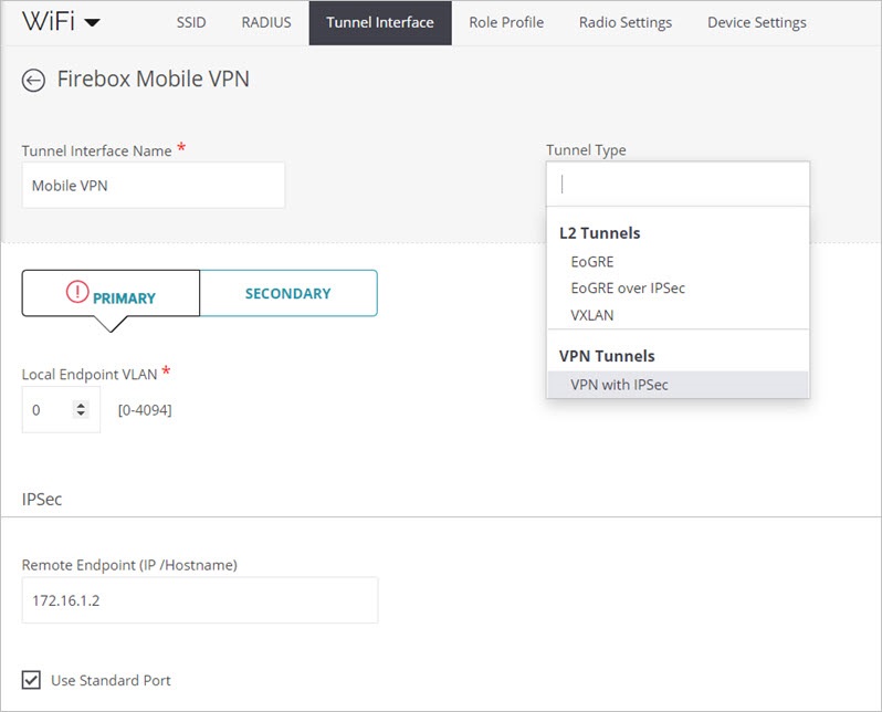 Screen shot of the IPsec VPN tunnel interface configuraton page in Discover