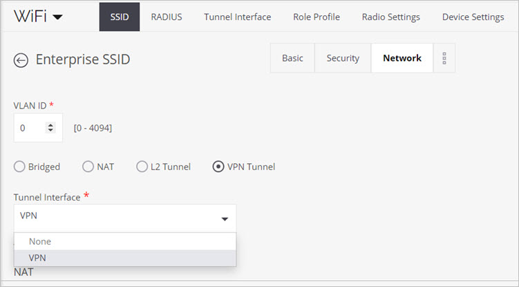 Screen shot of the VPN tunnel interface settings for an SSID