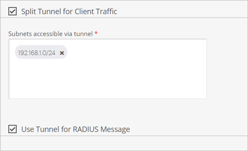 Screen shot of the VPN tunnel interface Split Tunnel and RADIUS Message settings for an SSID