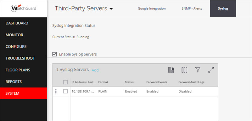 Screen shot of the Syslog server page in Discover