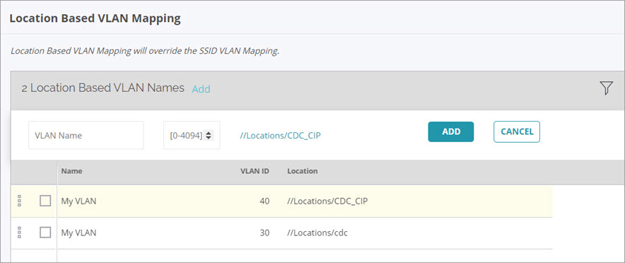 Screen shot of the Location Based VLAN Mapping page in Discover