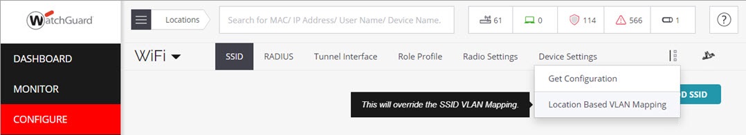 Screen shot of the Location-based VLAN Mapping option in the SSID configuration page in Discover
