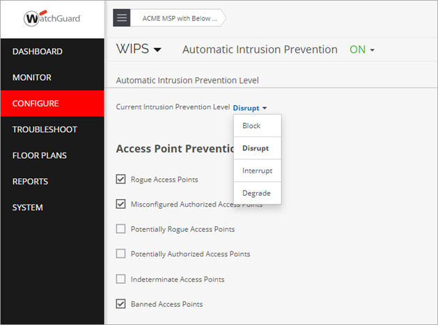 Screen shot of the Automatic Intrusion Prevention settings in Discover