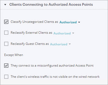Screen shot of the Authorized APs Client Classification settings in Discover