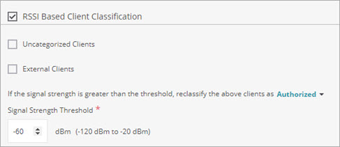 Screen shot of the RSSI Based Client Classification settings in Discover