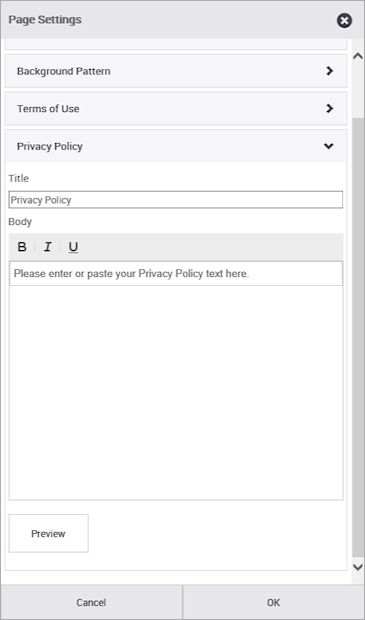 Splash Page Privacy Policy configuration