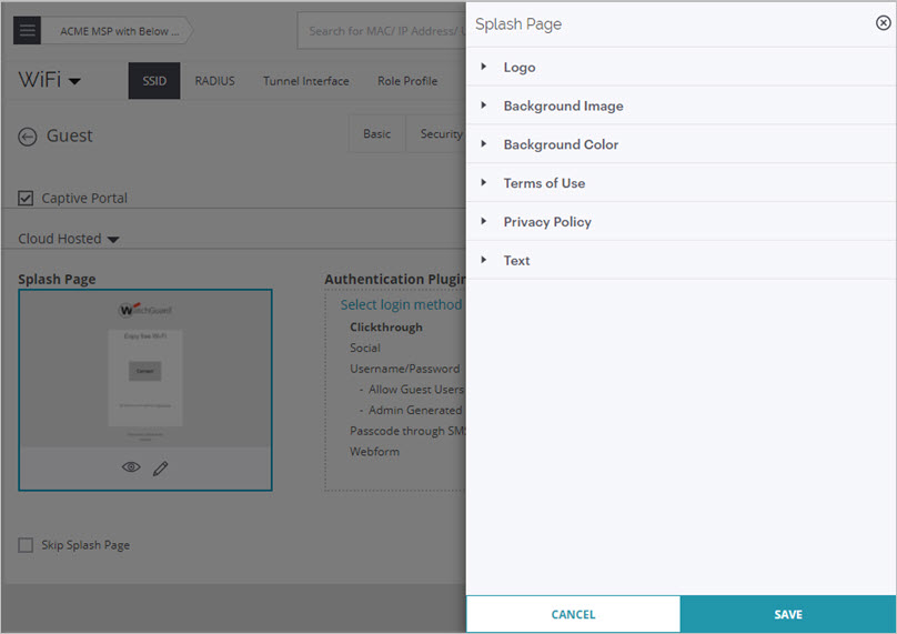 Screen shot of the Splash Page settings for a Captive Portal in Discover