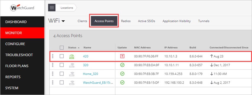 Screen shot of the Montor > WiFi > Access Points page in Discover