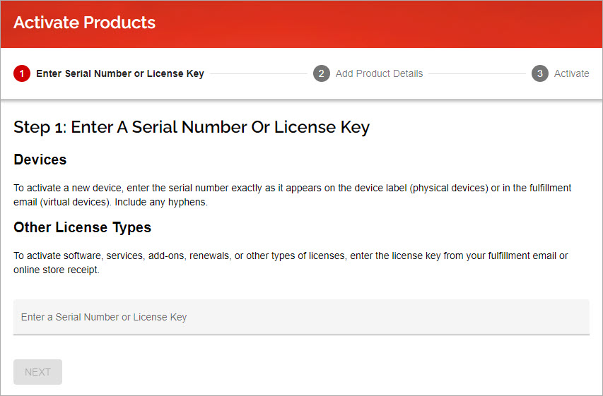 WatchGuard serial number activation page