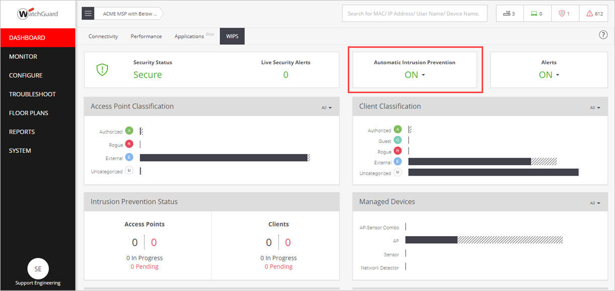 Screen shot of the Dashboard > WIPS page and the Automatic Intrusion Prevention switch