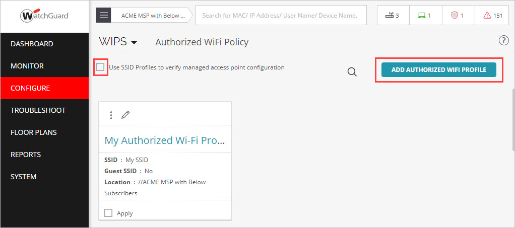 Screen shot of the Authorized WiFi Policy page in Discover