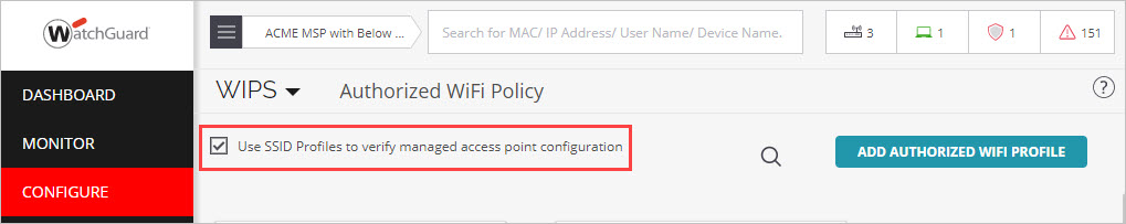 Screen shot of the Authorized WiFi Policy page and the Use SSID Proflie option in Discover