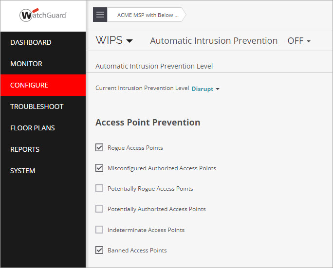 Screen shot of the Configure > WIPS > Automatic Intrusion Prevention settings page in Discover