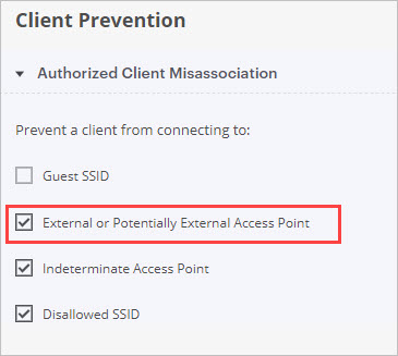 Screen shot of the Client prevention settings in Discover