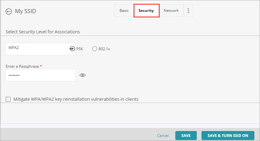 Screen shot of the SSID Security Settings page in Discover