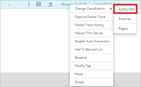 Screen shot of the Change Classification option in Monitor > WIPS > Access Points in Discover
