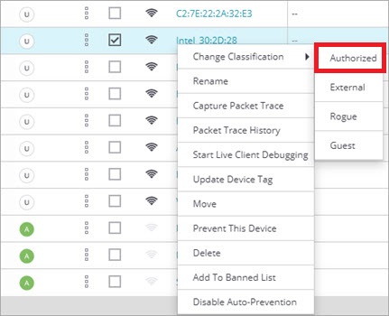 Screen shot of the Change Classification option in Monitor > WIPS > Clients in Discover