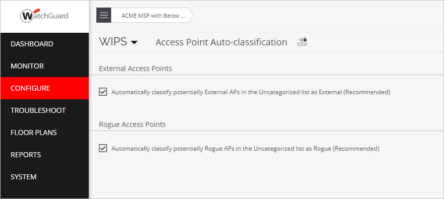 Screen shot of the Configure > WIPS > Access Point Auto-classification page in Discover