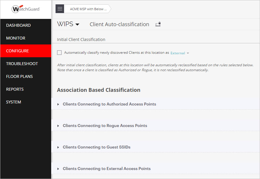Screen shot of the Configure > WIPS > Client Auto-classification page in Discover