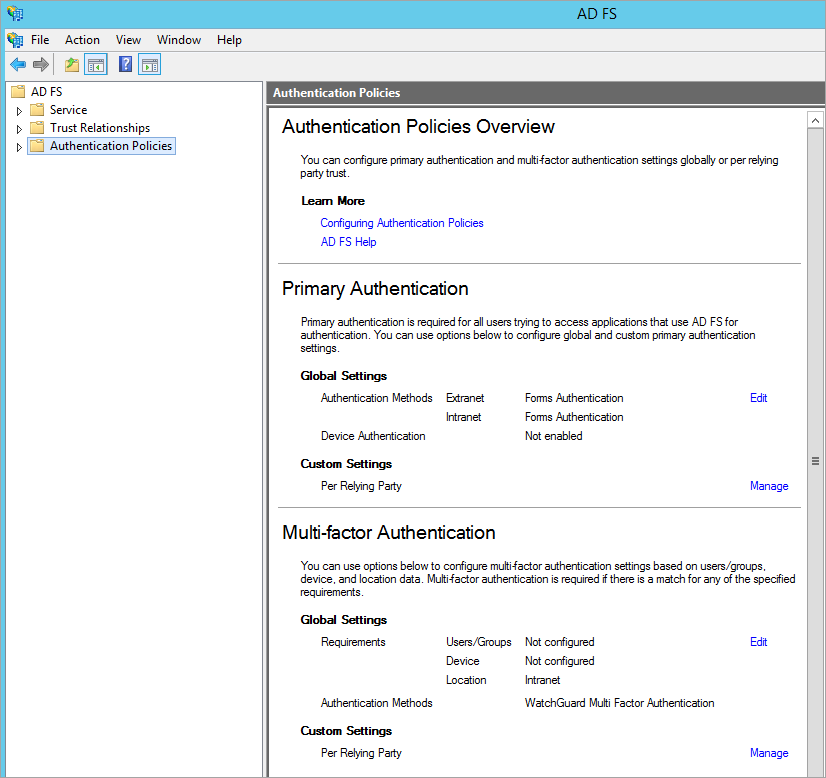 Screen shot that shows the Multi-factor Authentication section of the Authentication Policies page.