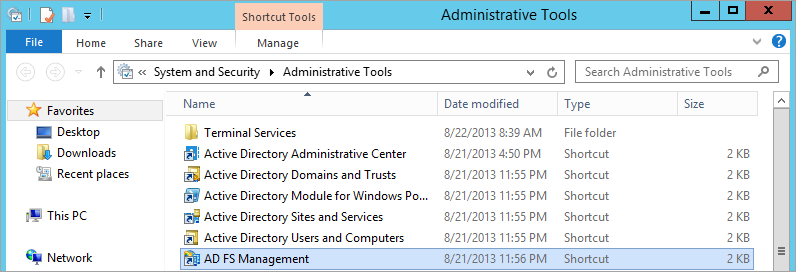 Screen shot of AD FS Management in the Windows Administrative Tools window.