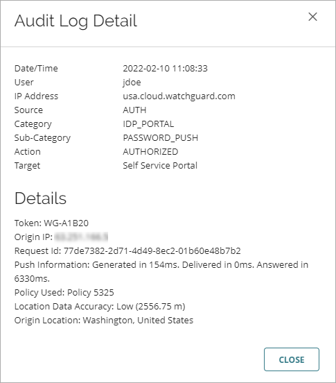 Screen shot that shows the the Audit Log Detail window.