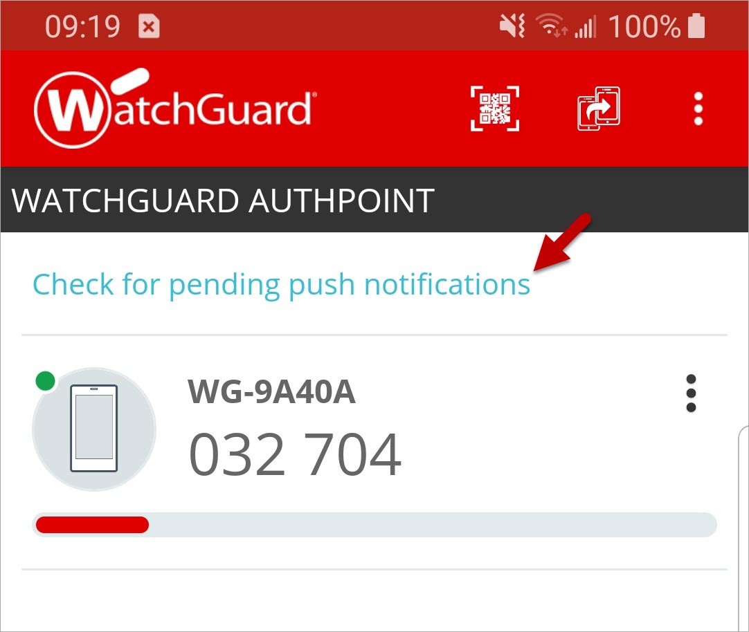 Screen shot that shows the option to check for pending push notifications in the AuthPoint mobile app.